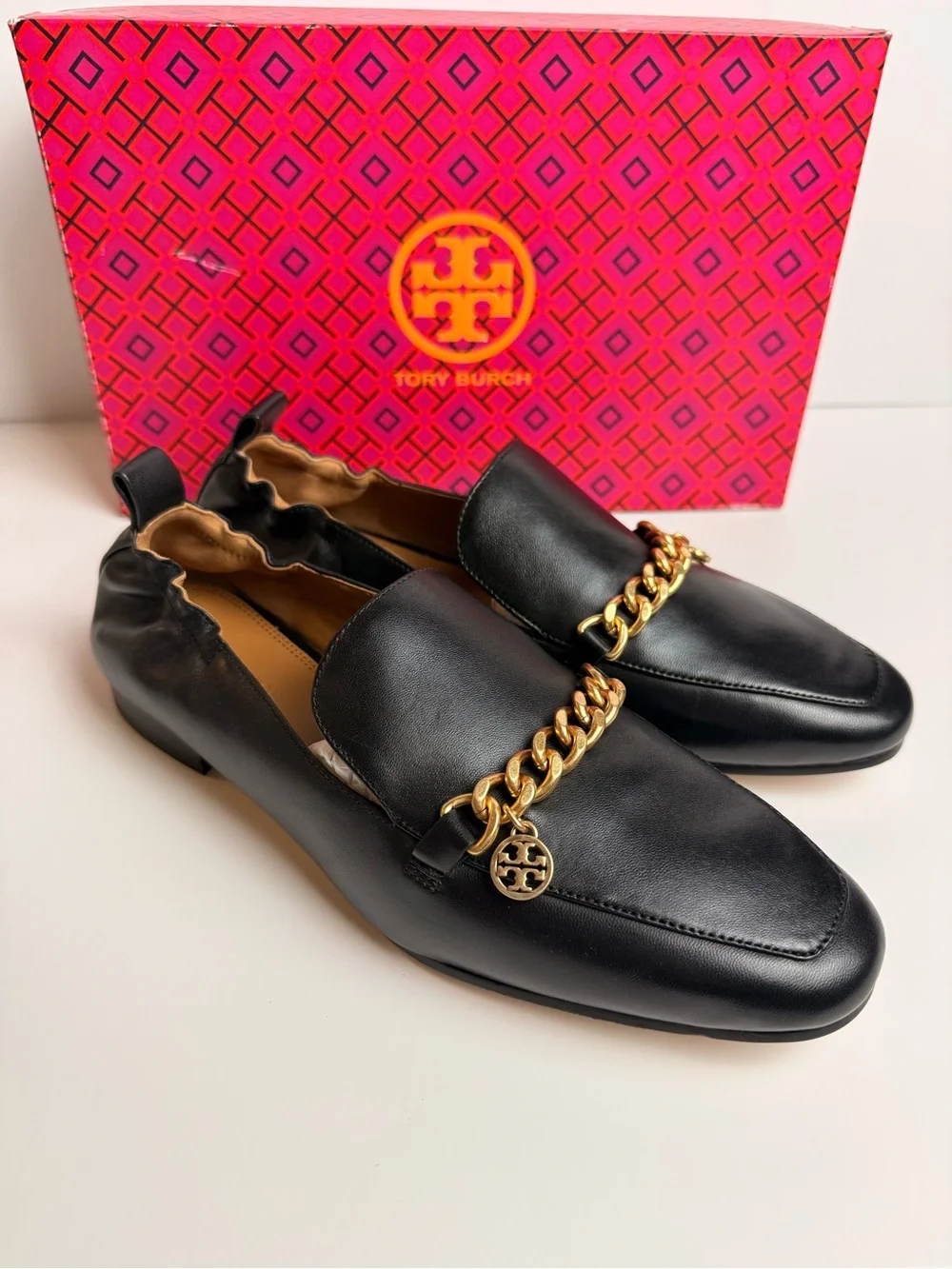 Tory Burch Mini Benton Charm 20mm Loafers Black Calf Leather Gold Chain 8 & 8.5